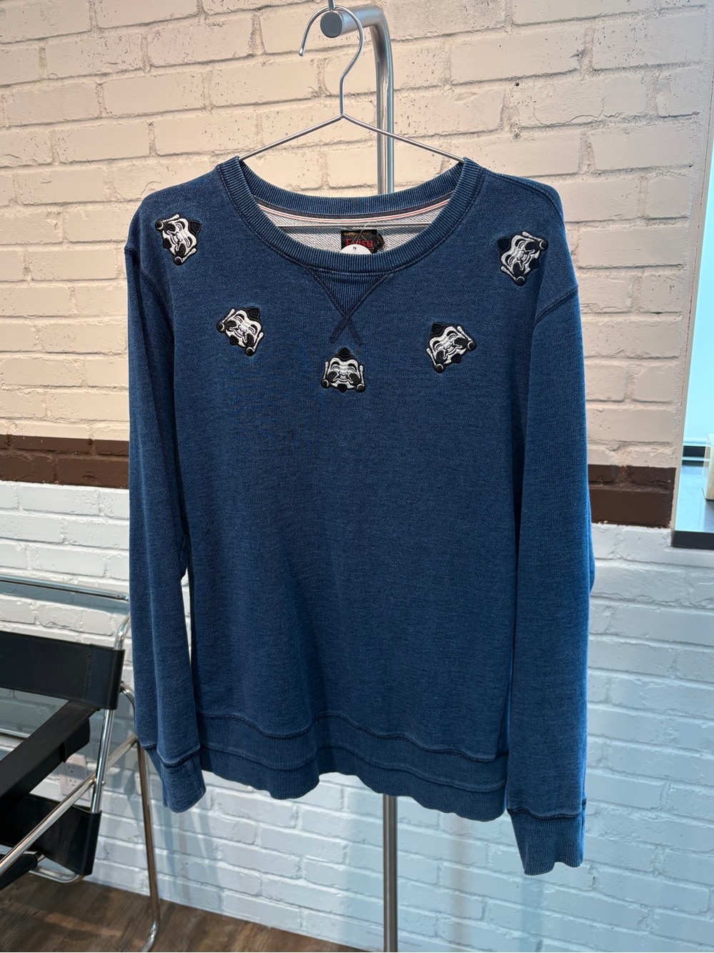 Blue Embroidered Denim Look Crewneck